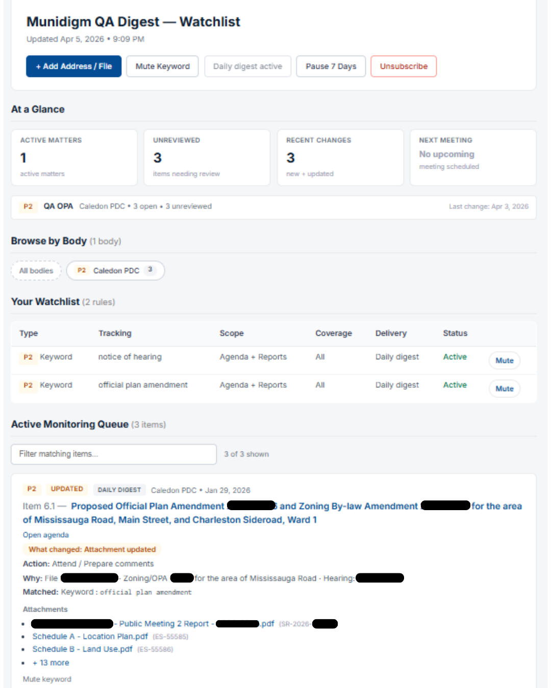 Screenshot of the Munidigm watchlist portal for a demo customer. The page shows a “Your Watchlist” table with four active keyword rules, including asset management, recycling, strategic plan, and point-in-time, with delivery settings like instant and daily